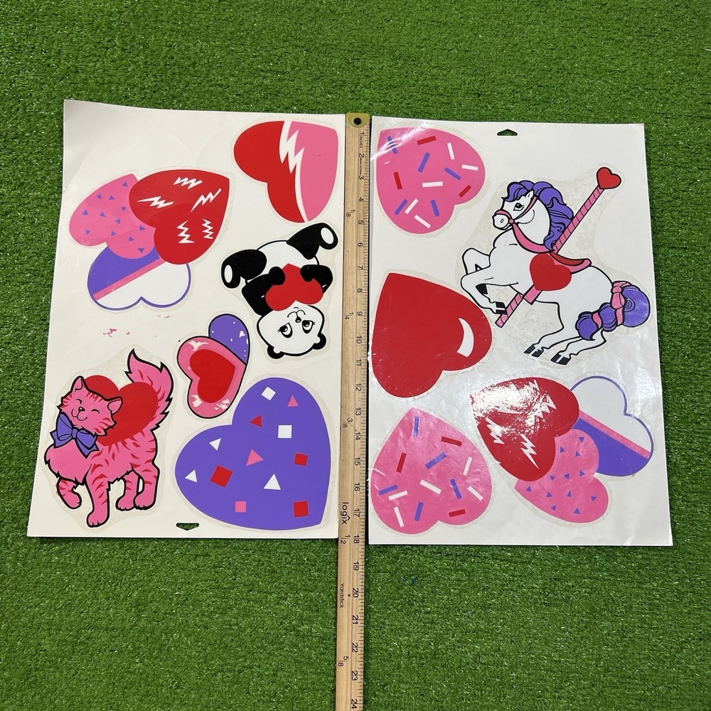 Vtg 80s Girls Window Stickers Presto Stik Vinyl Decals Valentines Day Hearts Cat